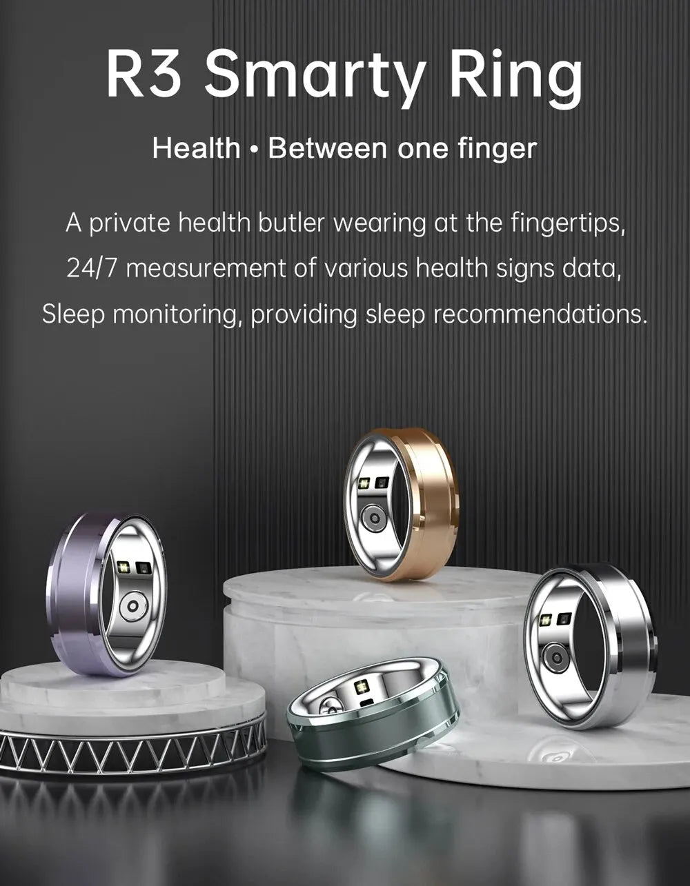 Smart Ring R3: Gesundheits- und Fitnesstracker mit Herzfrequenz, Schlafmonitor und IP68-Wasserschutz – Bluetooth 5.1, 18 mAh Akku