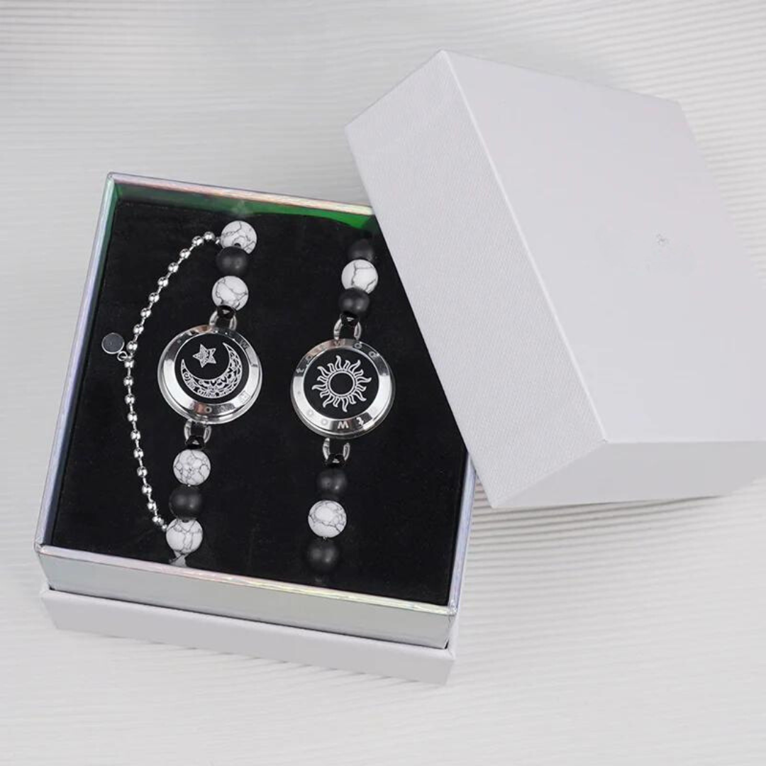 Sonne- und Mond-Touch-Armbänder-Set für 2 mit Achat- und Howlith-Perlen – Vibration und Licht, 3–7 Tage Batterielaufzeit, wasserfest – Totwoo