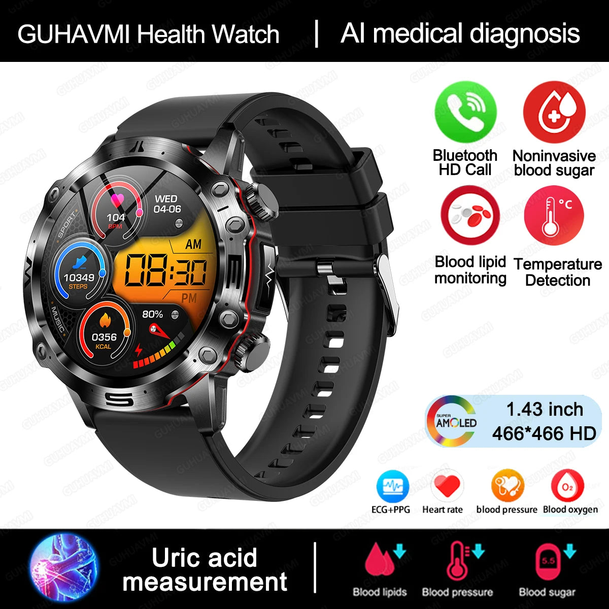 New Healthy Blood Lipids Uric Acid Blood Sugar Smart Watch Men ECG+PPG Fitness Tracker Clock Bluetooth Call Sports Smartwatch