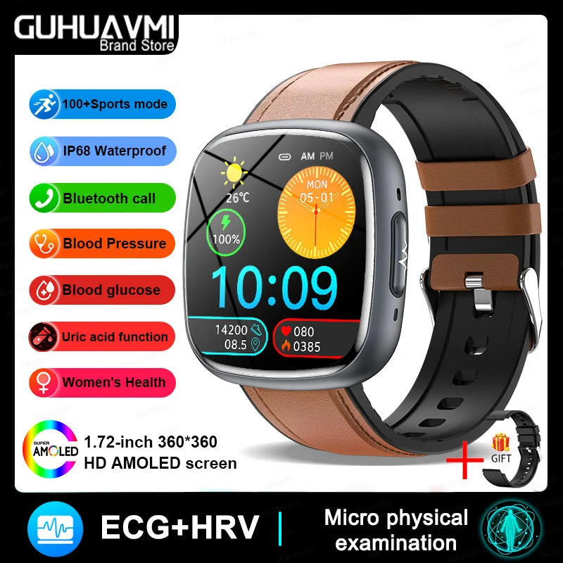 2025 New Medical Grade Smart Watch ECG+PPG Blood Lipid Blood Sugar Uric Acid HRV Tester AMOLED HD BT Call Women Men Smart Watch