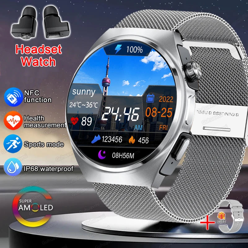 2025 New Man Smart Watch TWS Headset Two In One Wireless Bluetooth Dual Earbuds Call Health Monitor Sport Tracker NFC Smartwatch