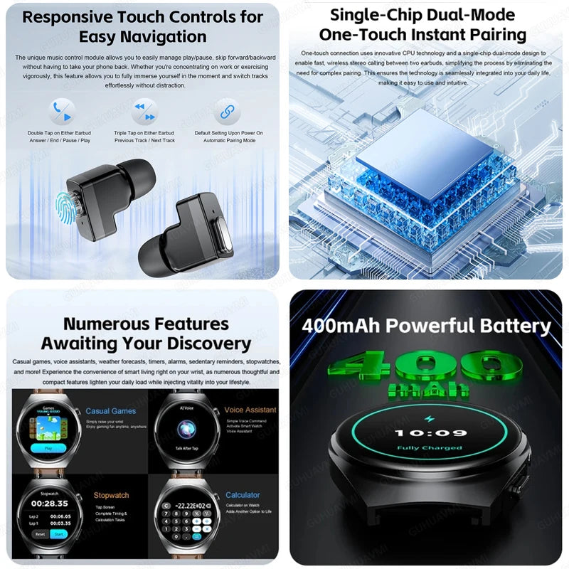 2025 New Man Smart Watch TWS Headset Two In One Wireless Bluetooth Dual Earbuds Call Health Monitor Sport Tracker NFC Smartwatch