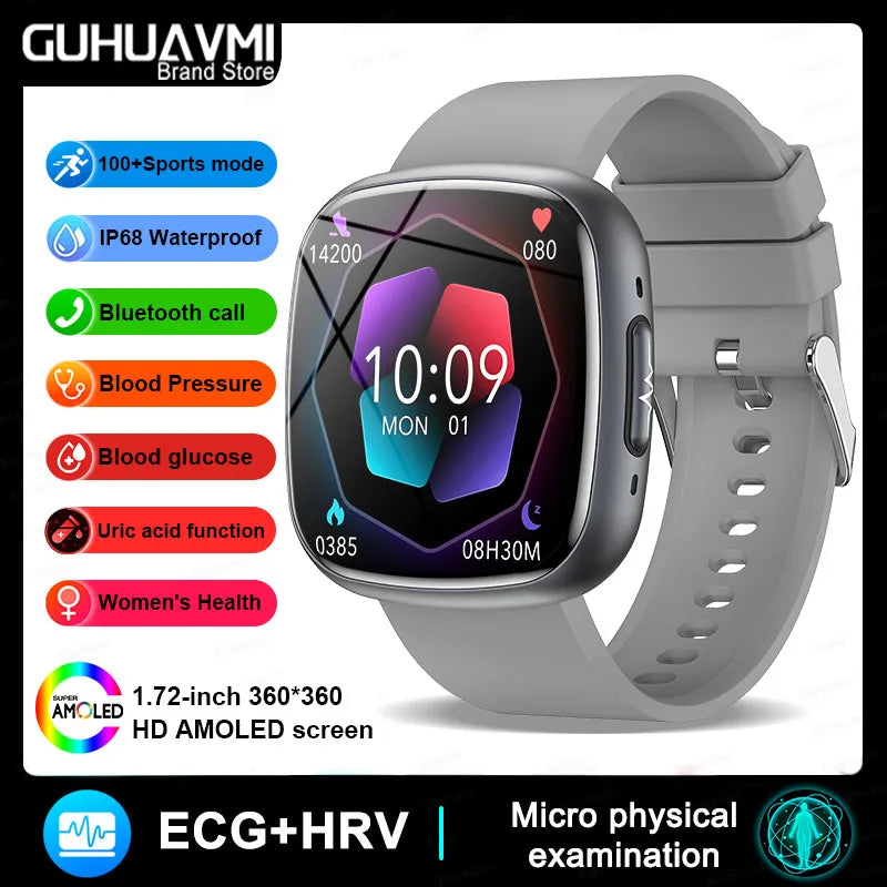 2025 New Medical Grade Smart Watch ECG+PPG Blood Lipid Blood Sugar Uric Acid HRV Tester AMOLED HD BT Call Women Men Smart Watch
