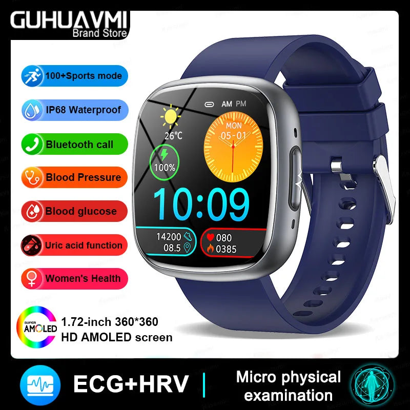 2025 New Medical Grade Smart Watch ECG+PPG Blood Lipid Blood Sugar Uric Acid HRV Tester AMOLED HD BT Call Women Men Smart Watch