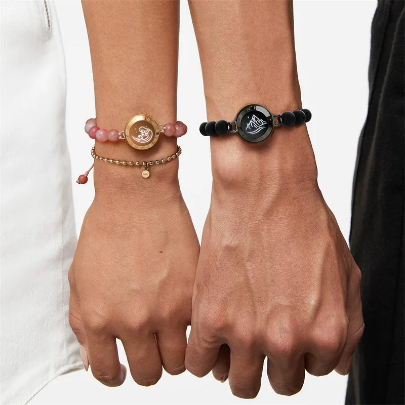 Mountain & Sea Touch-Armbänder für Paare mit schwarzem Achat und rosa persischer Jade - 2er-Set