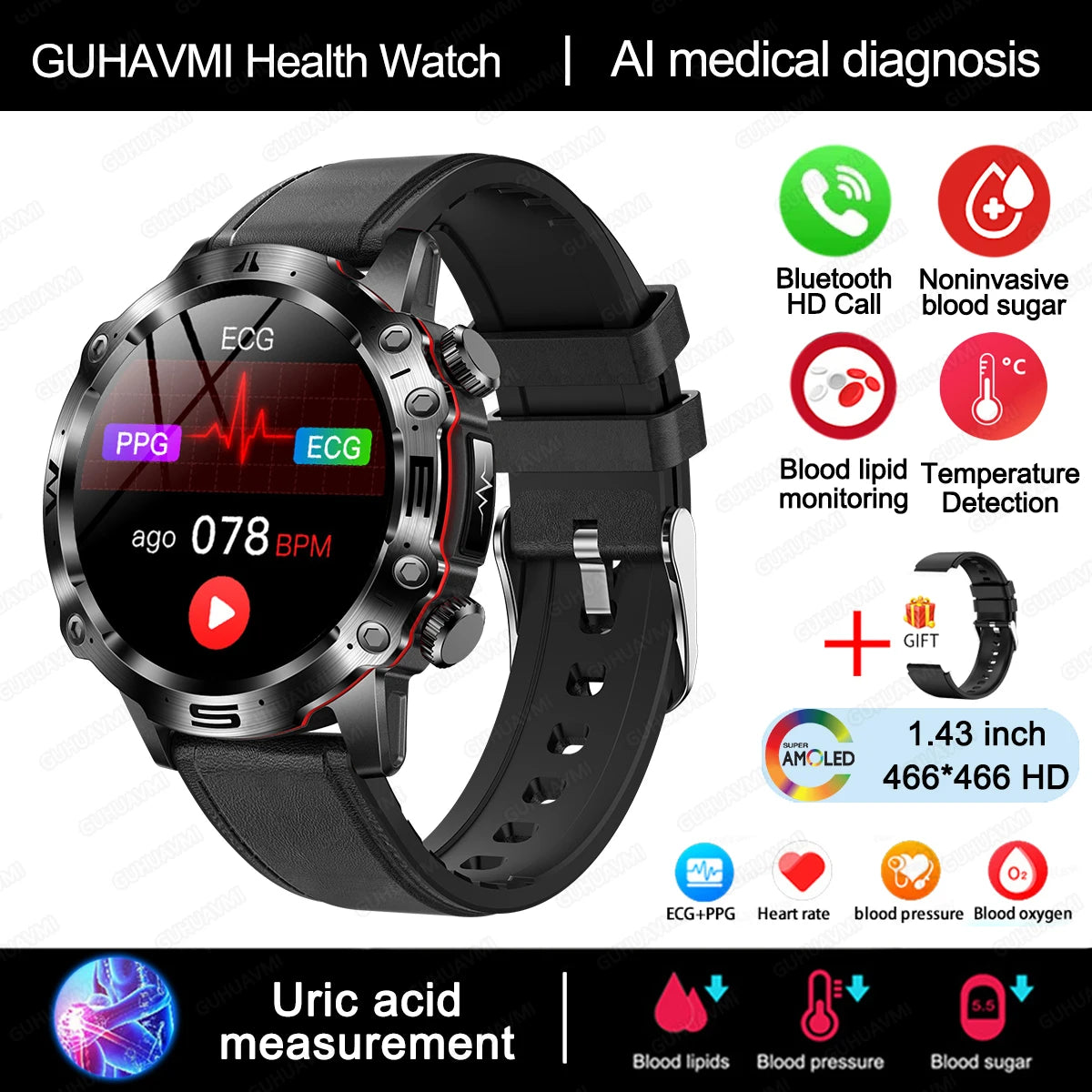 New Healthy Blood Lipids Uric Acid Blood Sugar Smart Watch Men ECG+PPG Fitness Tracker Clock Bluetooth Call Sports Smartwatch