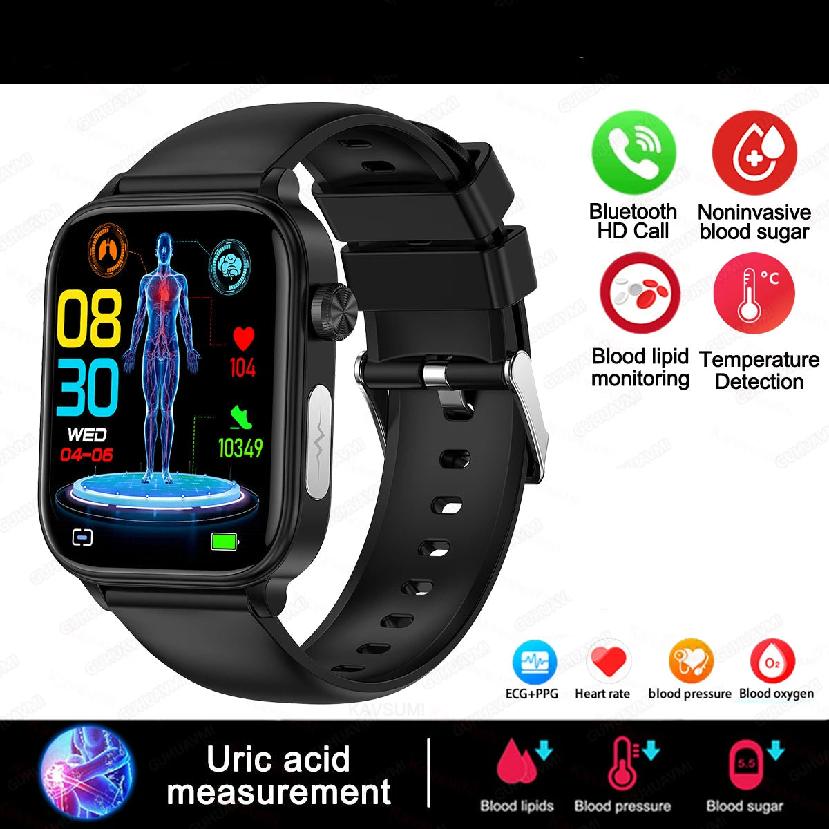 VitaScan Pro - IPS HD, AI Health Smartwatch with ECG, Blood Glucose, Uric Acid & 100+ Fitness Modes