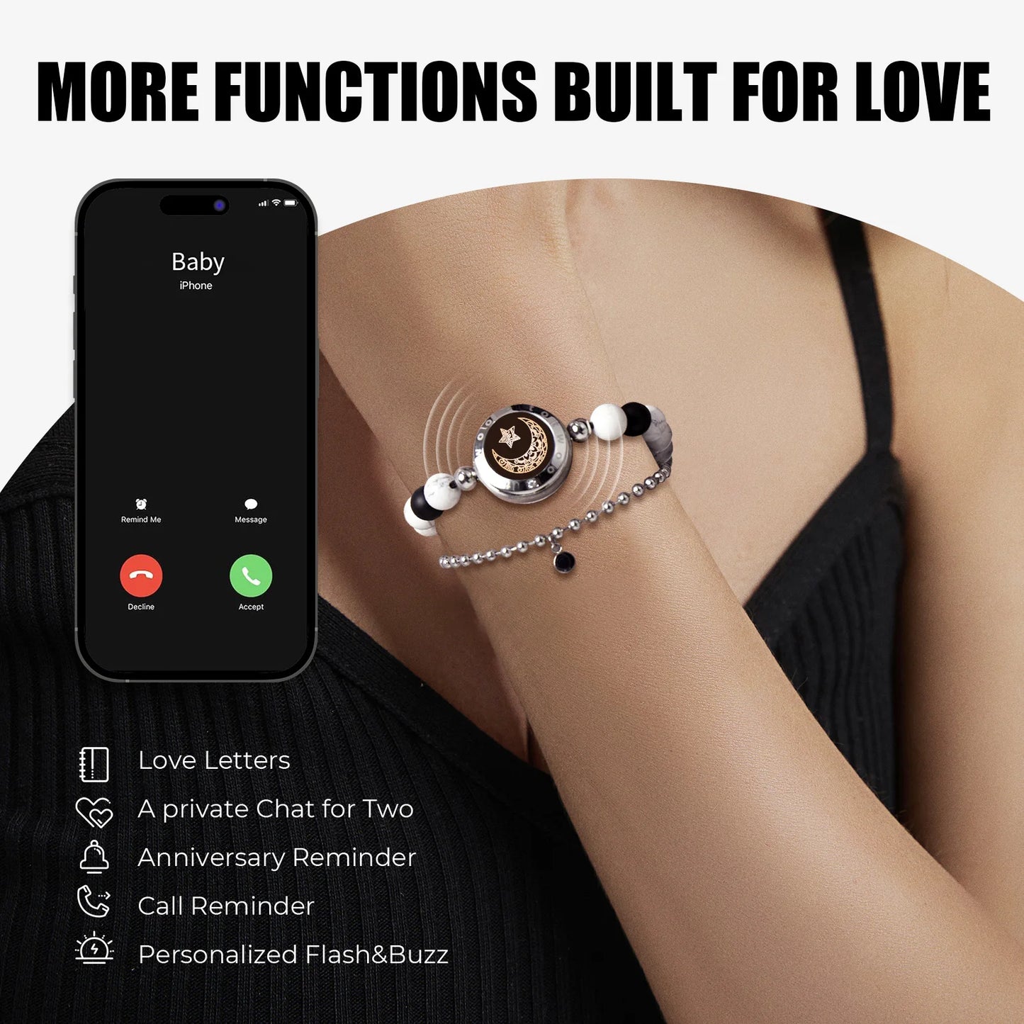 Sonne- und Mond-Touch-Armbänder-Set für 2 mit Achat- und Howlith-Perlen – Vibration und Licht, 3–7 Tage Batterielaufzeit, wasserfest – Totwoo