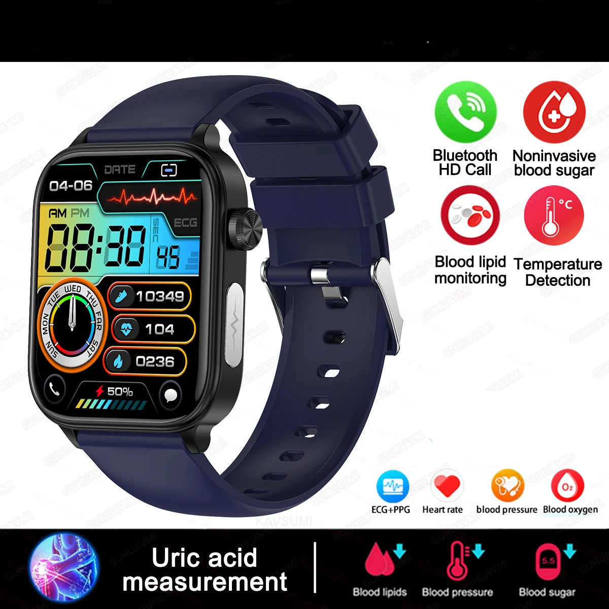 VitaScan Pro - IPS HD, AI Health Smartwatch with ECG, Blood Glucose, Uric Acid & 100+ Fitness Modes