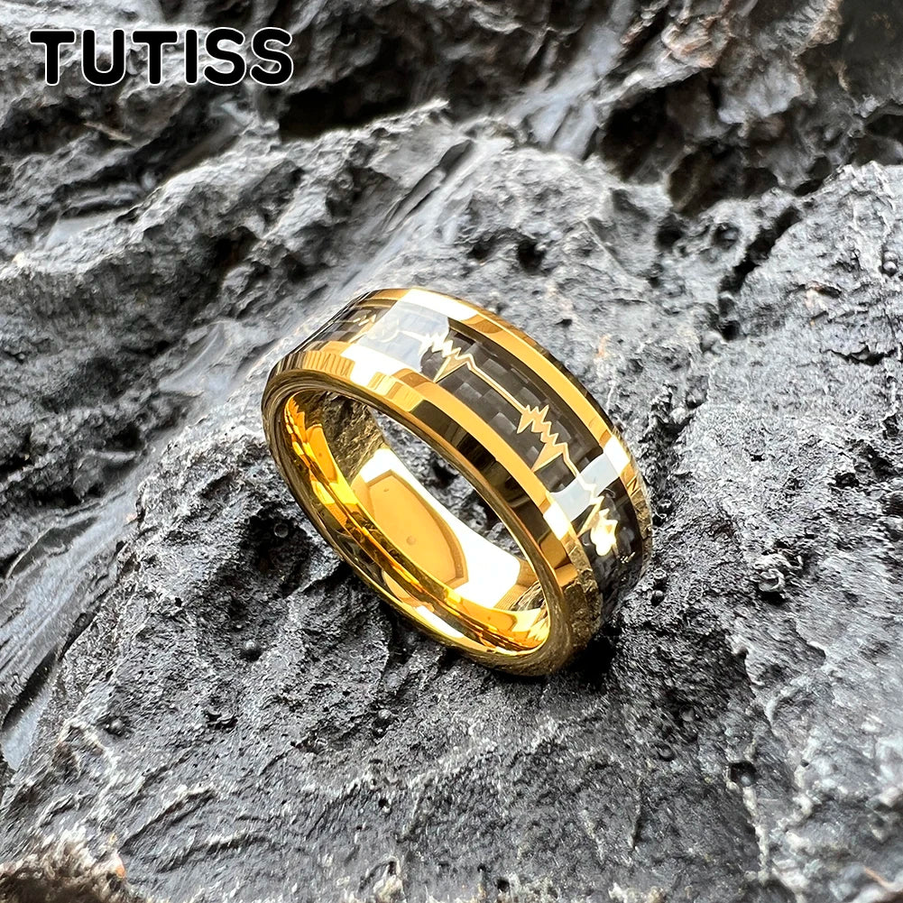 TUTISS 8 mm goldener Wolframring mit Herzschlag, Einlage aus schwarzer Karbonfaser