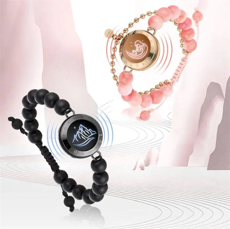 Mountain & Sea Touch-Armbänder für Paare mit schwarzem Achat und rosa persischer Jade - 2er-Set