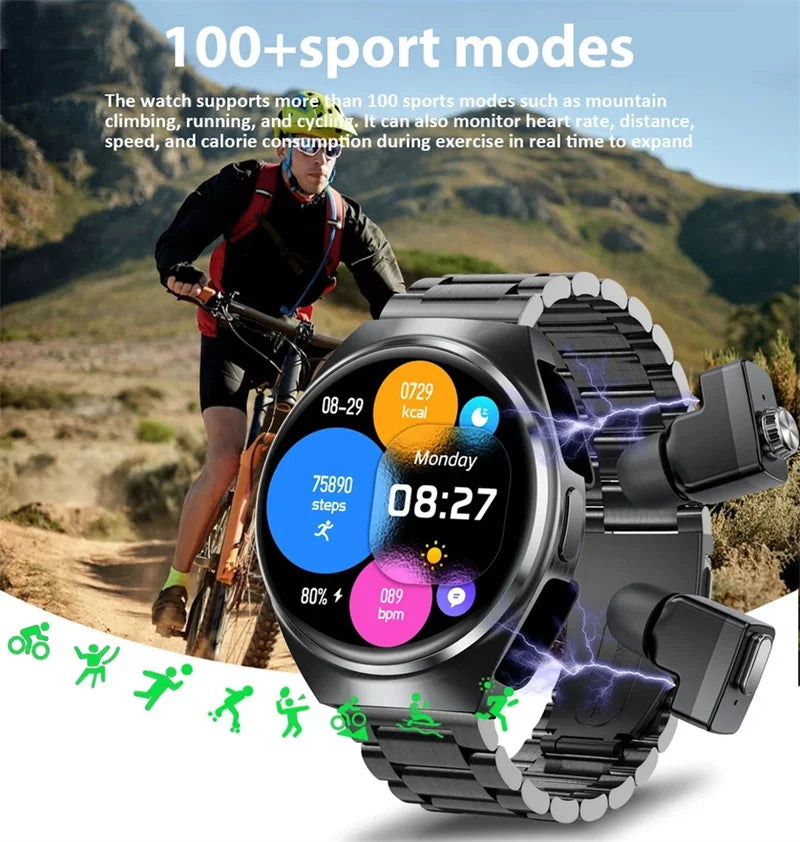 2025 New Man Smart Watch TWS Headset Two In One Wireless Bluetooth Dual Earbuds Call Health Monitor Sport Tracker NFC Smartwatch