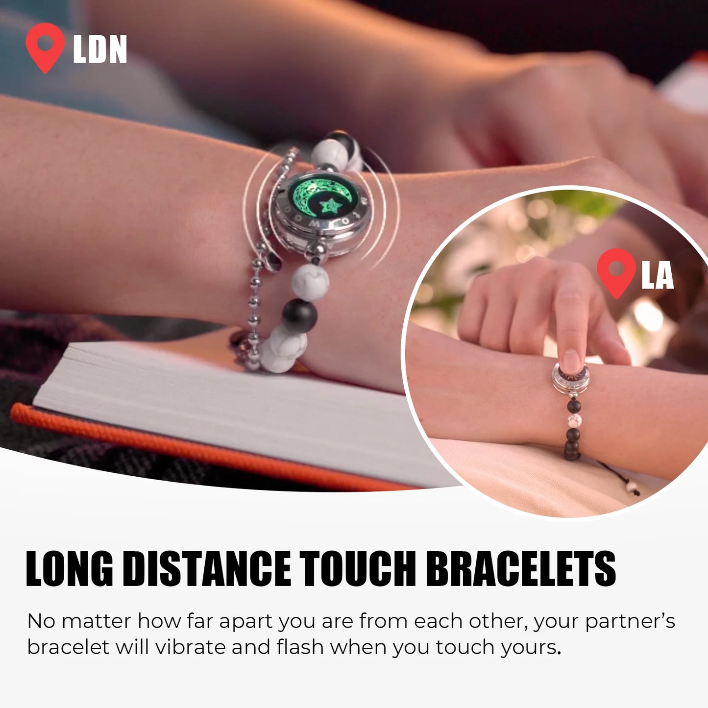 Sonne- und Mond-Touch-Armbänder-Set für 2 mit Achat- und Howlith-Perlen – Vibration und Licht, 3–7 Tage Batterielaufzeit, wasserfest – Totwoo