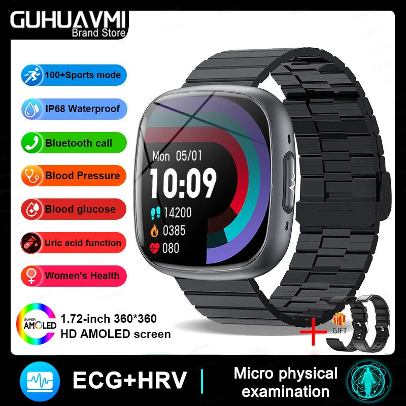 2025 New Medical Grade Smart Watch ECG+PPG Blood Lipid Blood Sugar Uric Acid HRV Tester AMOLED HD BT Call Women Men Smart Watch