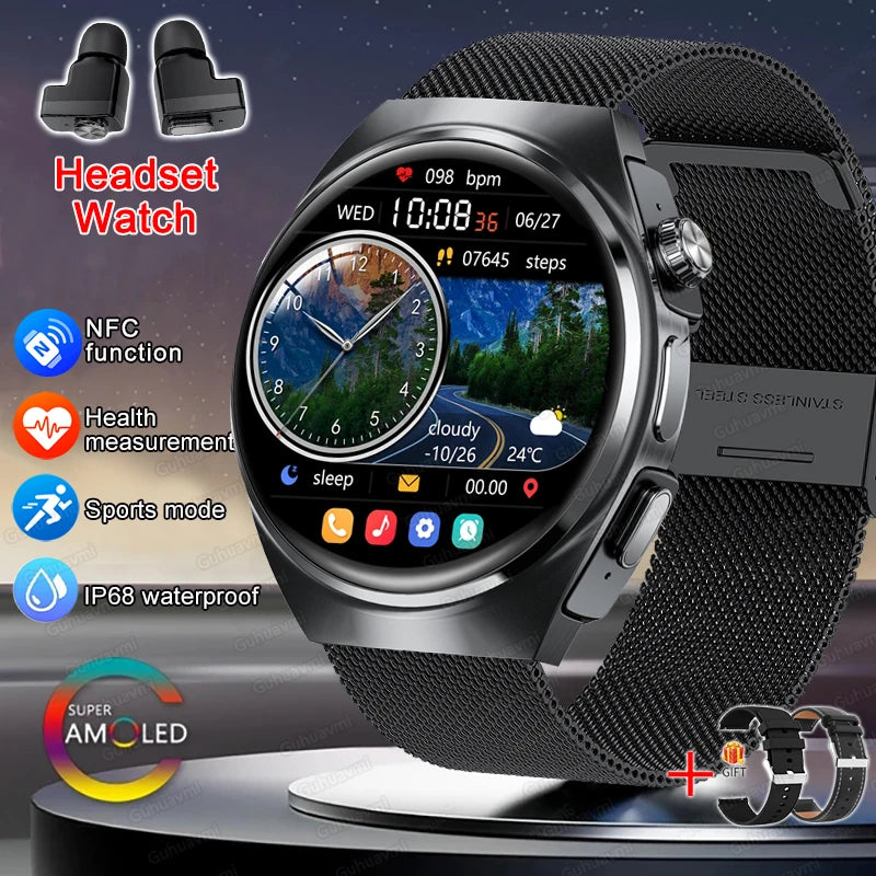 2025 New Man Smart Watch TWS Headset Two In One Wireless Bluetooth Dual Earbuds Call Health Monitor Sport Tracker NFC Smartwatch