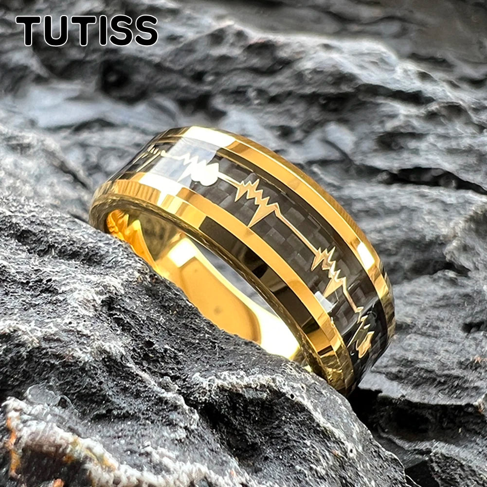 TUTISS 8 mm goldener Wolframring mit Herzschlag, Einlage aus schwarzer Karbonfaser