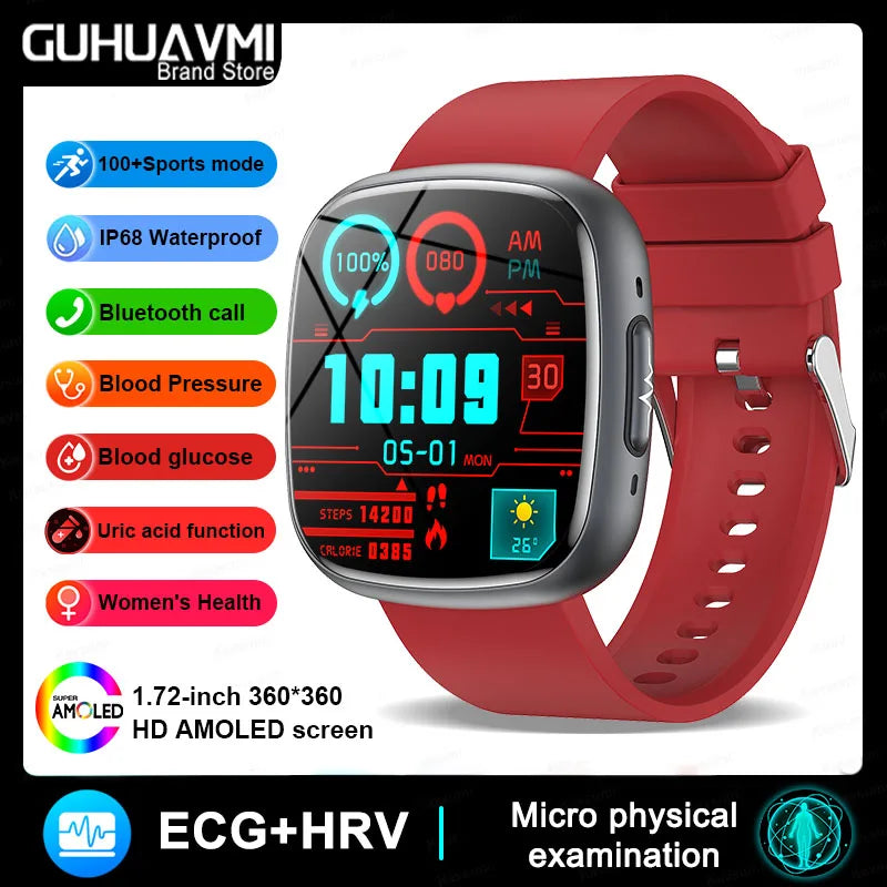2025 New Medical Grade Smart Watch ECG+PPG Blood Lipid Blood Sugar Uric Acid HRV Tester AMOLED HD BT Call Women Men Smart Watch