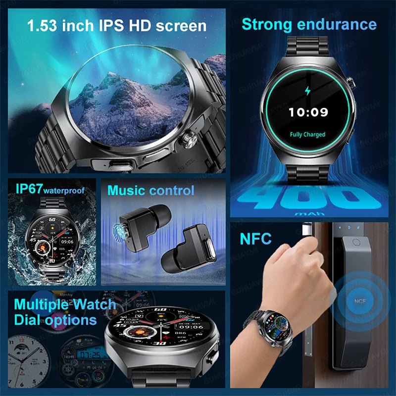 2025 New Man Smart Watch TWS Headset Two In One Wireless Bluetooth Dual Earbuds Call Health Monitor Sport Tracker NFC Smartwatch