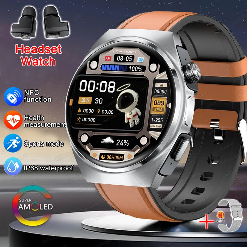 2025 New Man Smart Watch TWS Headset Two In One Wireless Bluetooth Dual Earbuds Call Health Monitor Sport Tracker NFC Smartwatch