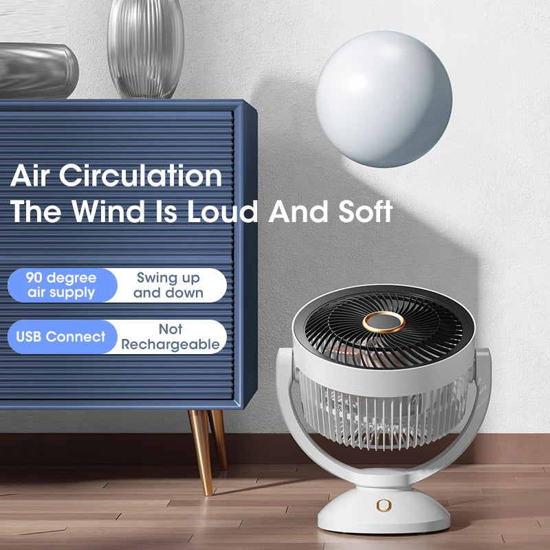Tragbarer elektrischer Ventilator mit Luftzirkulation – Mini-USB-Tischventilator mit 360°-Drehung und den Modi „Natürlicher Wind“, „Schlafwind“ und „Vorherrschender Wind“