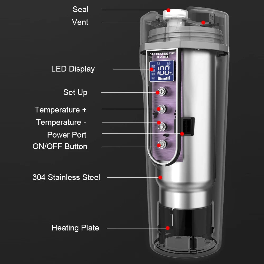 Thermo Cruise Elektrischer Auto-Wasserkocher 450 ml – Schnelles Aufheizen in 25 Min., Edelstahl 304, Zigarettenanzünder-Stecker, Schwarz