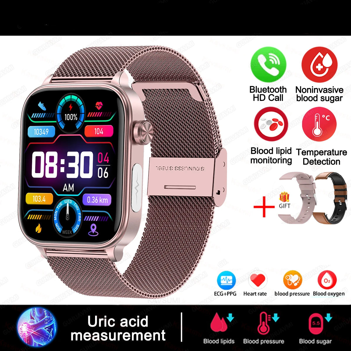 VitaScan Pro - IPS HD, AI Health Smartwatch with ECG, Blood Glucose, Uric Acid & 100+ Fitness Modes