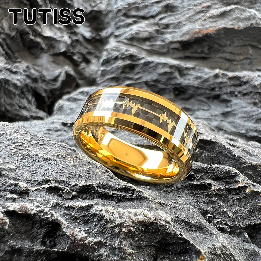 TUTISS 8 mm goldener Wolframring mit Herzschlag, Einlage aus schwarzer Karbonfaser