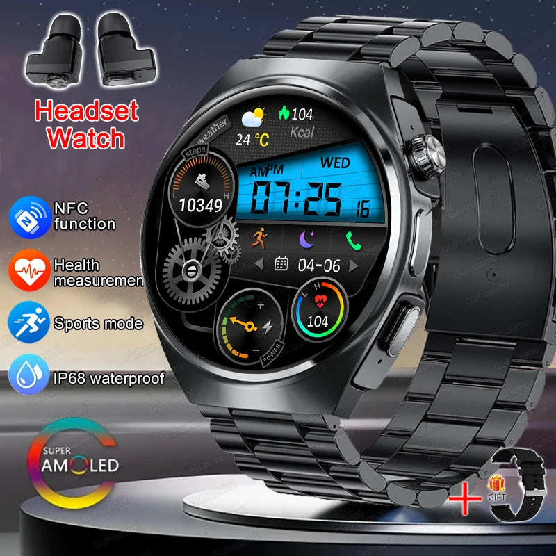 2025 New Man Smart Watch TWS Headset Two In One Wireless Bluetooth Dual Earbuds Call Health Monitor Sport Tracker NFC Smartwatch