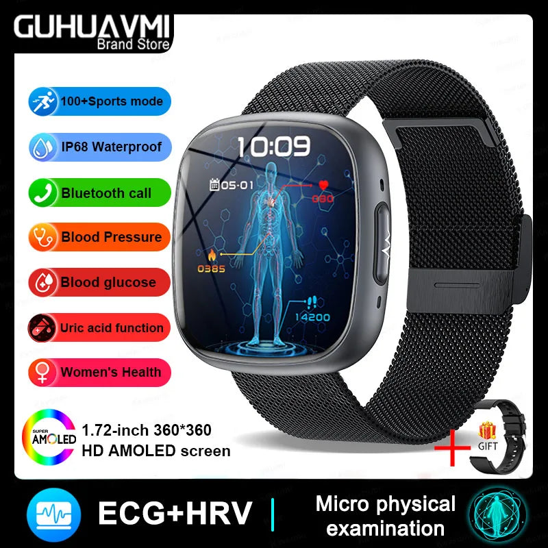 2025 New Medical Grade Smart Watch ECG+PPG Blood Lipid Blood Sugar Uric Acid HRV Tester AMOLED HD BT Call Women Men Smart Watch