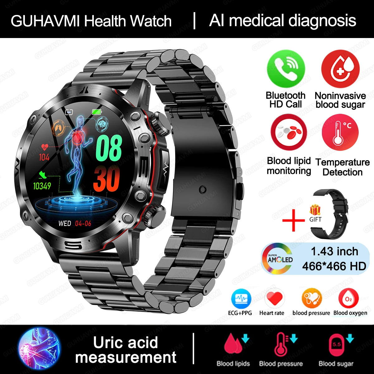 New Healthy Blood Lipids Uric Acid Blood Sugar Smart Watch Men ECG+PPG Fitness Tracker Clock Bluetooth Call Sports Smartwatch