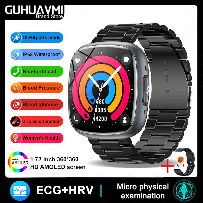 2025 New Medical Grade Smart Watch ECG+PPG Blood Lipid Blood Sugar Uric Acid HRV Tester AMOLED HD BT Call Women Men Smart Watch