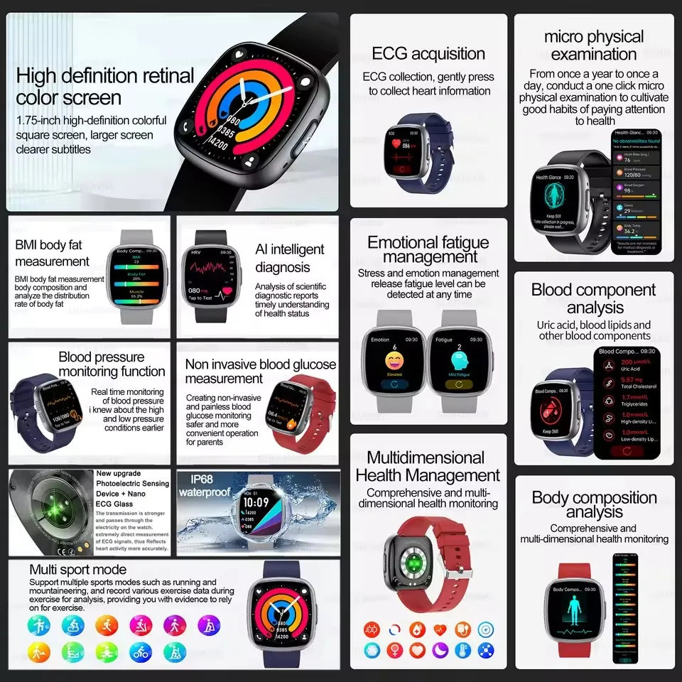 2025 New Medical Grade Smart Watch ECG+PPG Blood Lipid Blood Sugar Uric Acid HRV Tester AMOLED HD BT Call Women Men Smart Watch