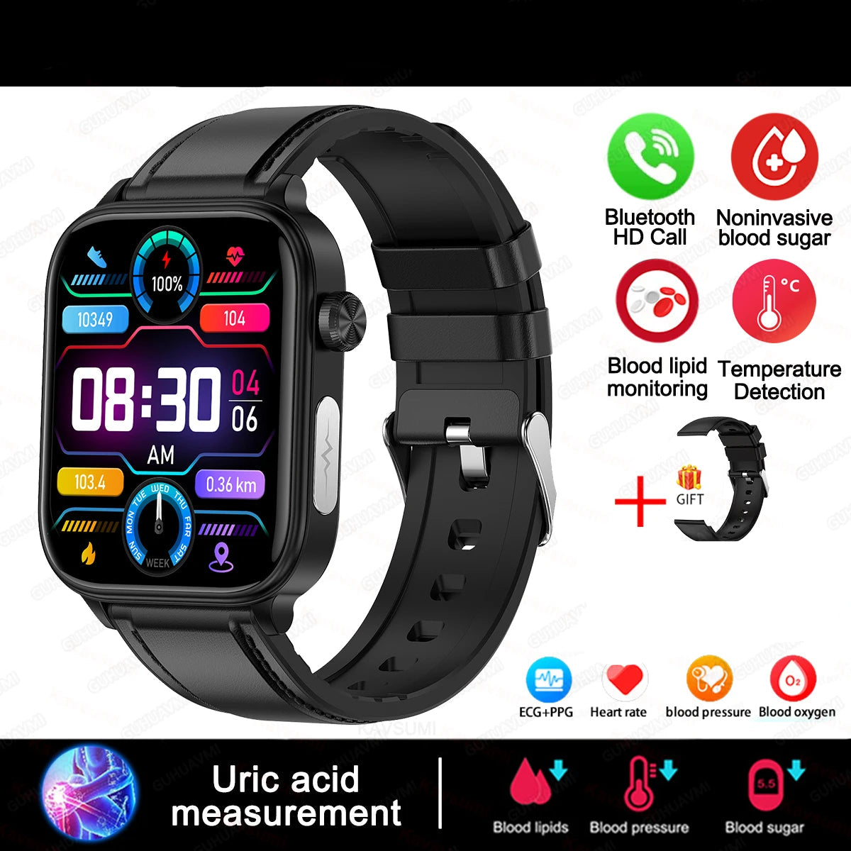 VitaScan Pro - IPS HD, AI Health Smartwatch with ECG, Blood Glucose, Uric Acid & 100+ Fitness Modes
