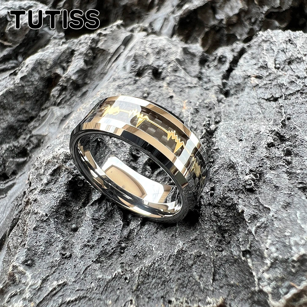 TUTISS 8 mm goldener Wolframring mit Herzschlag, Einlage aus schwarzer Karbonfaser