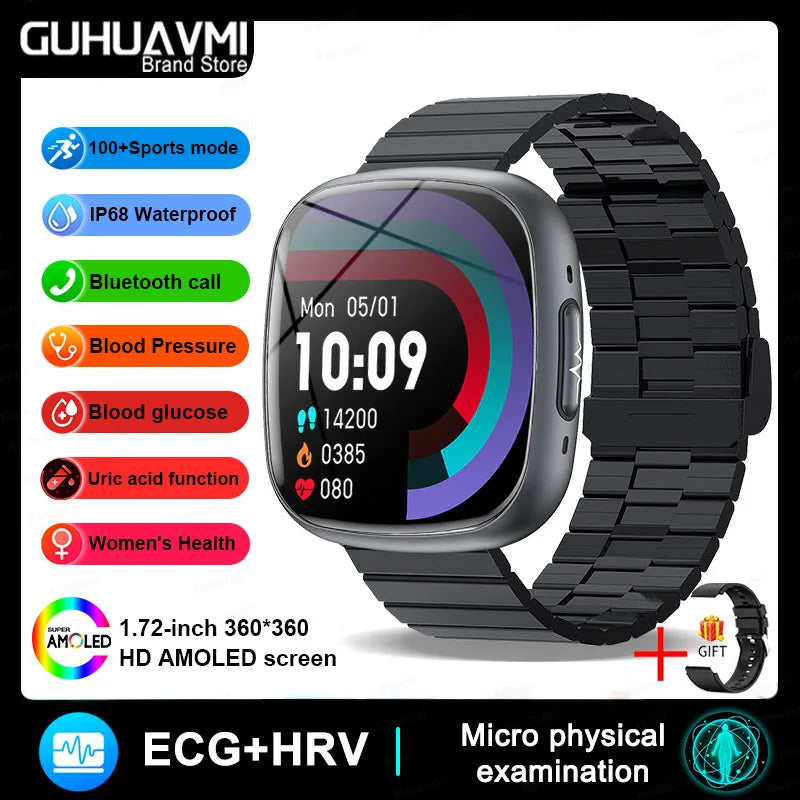 2025 New Medical Grade Smart Watch ECG+PPG Blood Lipid Blood Sugar Uric Acid HRV Tester AMOLED HD BT Call Women Men Smart Watch