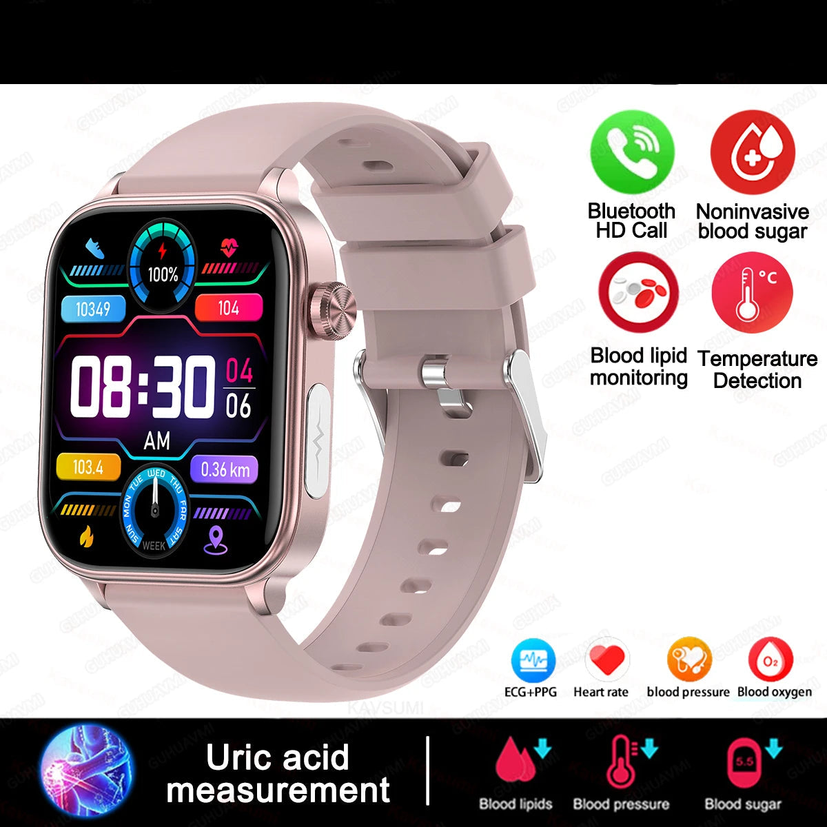 VitaScan Pro - IPS HD, AI Health Smartwatch with ECG, Blood Glucose, Uric Acid & 100+ Fitness Modes