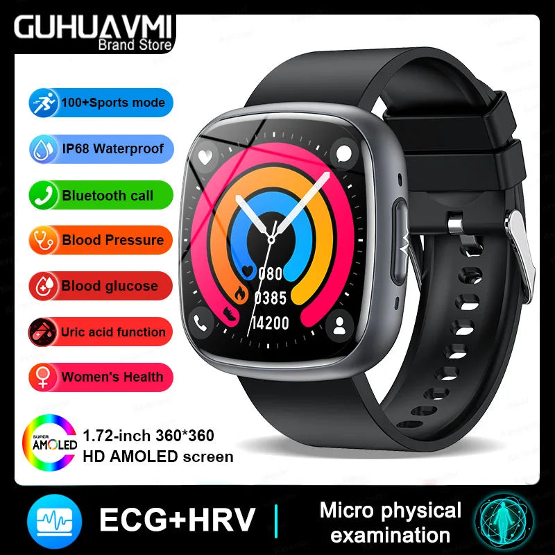 2025 New Medical Grade Smart Watch ECG+PPG Blood Lipid Blood Sugar Uric Acid HRV Tester AMOLED HD BT Call Women Men Smart Watch