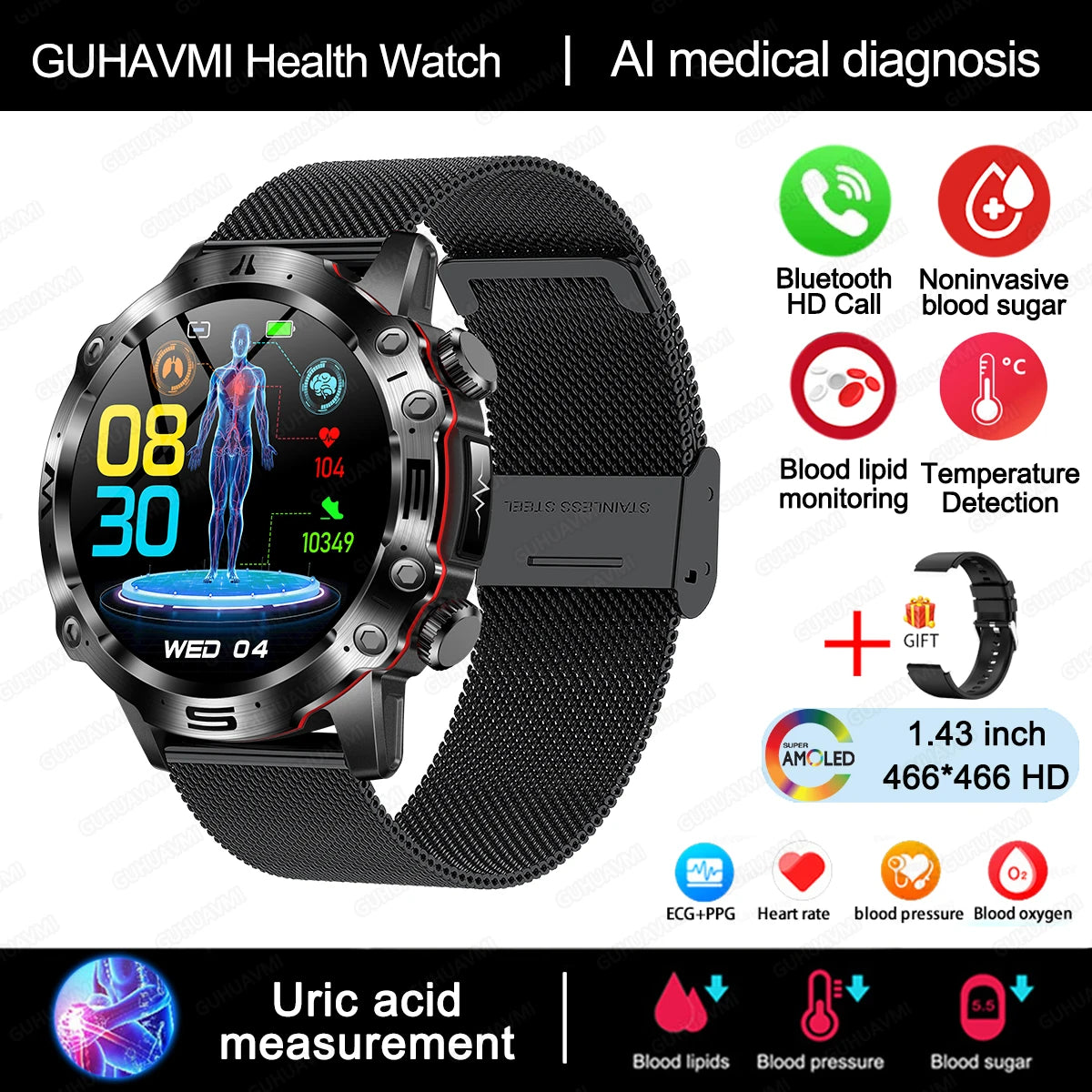 New Healthy Blood Lipids Uric Acid Blood Sugar Smart Watch Men ECG+PPG Fitness Tracker Clock Bluetooth Call Sports Smartwatch