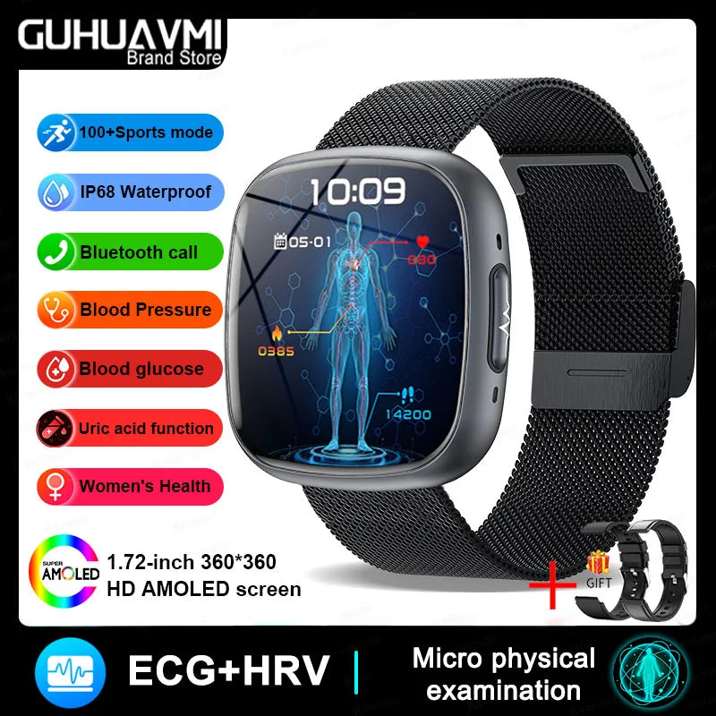 2025 New Medical Grade Smart Watch ECG+PPG Blood Lipid Blood Sugar Uric Acid HRV Tester AMOLED HD BT Call Women Men Smart Watch