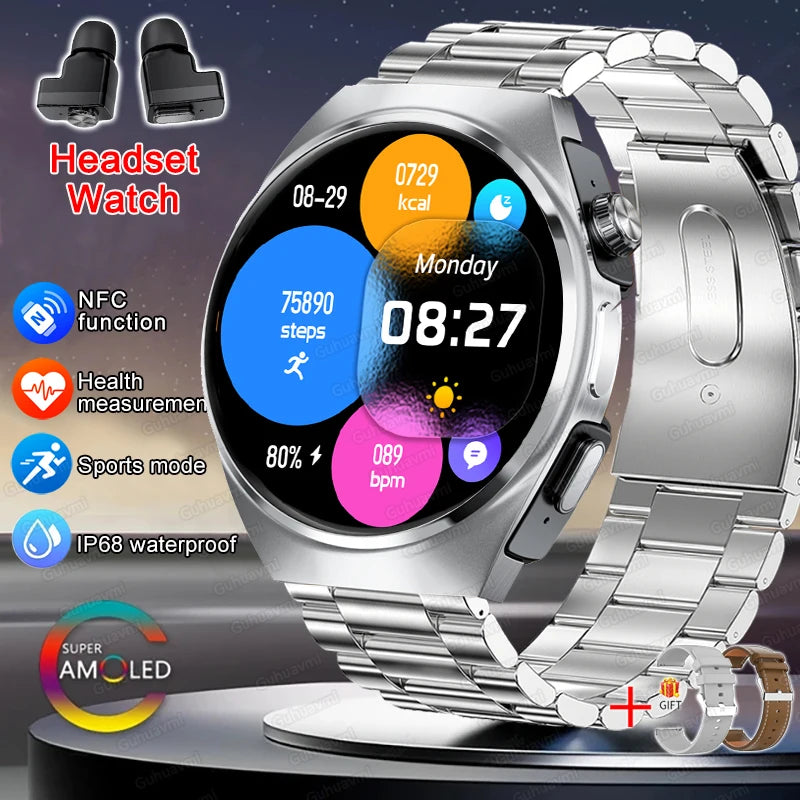 2025 New Man Smart Watch TWS Headset Two In One Wireless Bluetooth Dual Earbuds Call Health Monitor Sport Tracker NFC Smartwatch