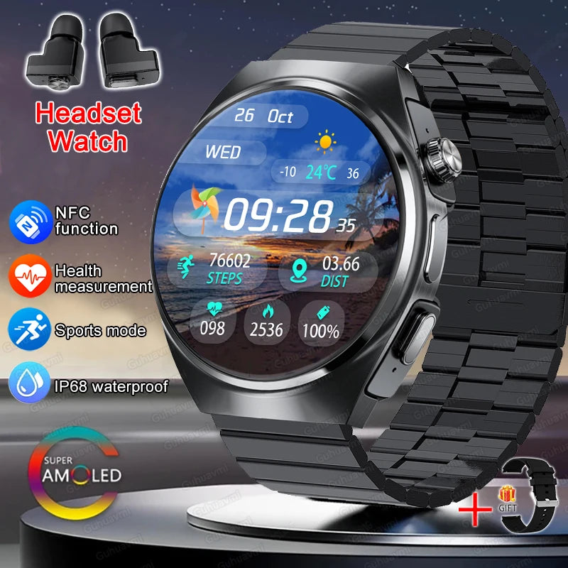 2025 New Man Smart Watch TWS Headset Two In One Wireless Bluetooth Dual Earbuds Call Health Monitor Sport Tracker NFC Smartwatch