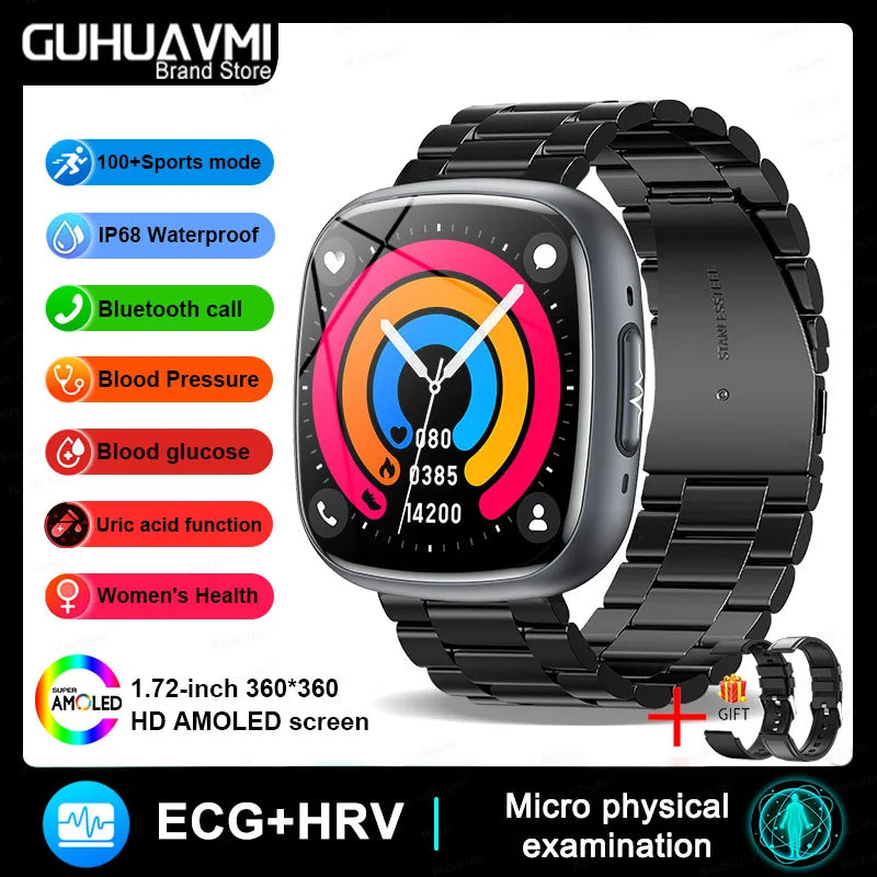 2025 New Medical Grade Smart Watch ECG+PPG Blood Lipid Blood Sugar Uric Acid HRV Tester AMOLED HD BT Call Women Men Smart Watch