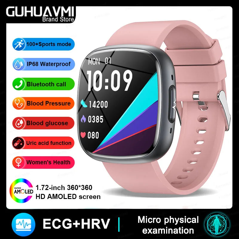 2025 New Medical Grade Smart Watch ECG+PPG Blood Lipid Blood Sugar Uric Acid HRV Tester AMOLED HD BT Call Women Men Smart Watch