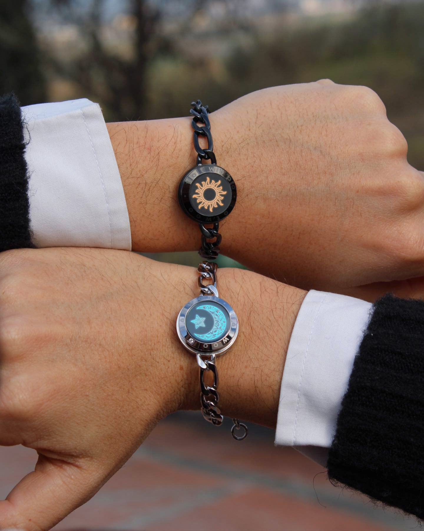 Sun & Moon Touch Bracelets for Couples with Long Distance Connection - Set of 2, Vibration & Light Up Feature - Waterproof - Totwoo - Black & Silver Figaro Chain