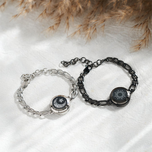 Sun & Moon Touch Bracelets for Couples with Long Distance Connection - Set of 2, Vibration & Light Up Feature - Waterproof - Totwoo - Black & Silver Figaro Chain