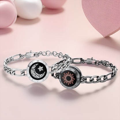 Sun & Moon Touch Bracelets for Couples with Long Distance Connection - Set of 2, Vibration & Light Up Feature - Waterproof - Totwoo - Black & Silver Figaro Chain