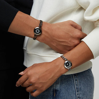 Sun & Moon Touch Bracelets for Couples with Long Distance Connection - Set of 2, Vibration & Light Up Feature - Waterproof - Totwoo - Black & Silver Figaro Chain