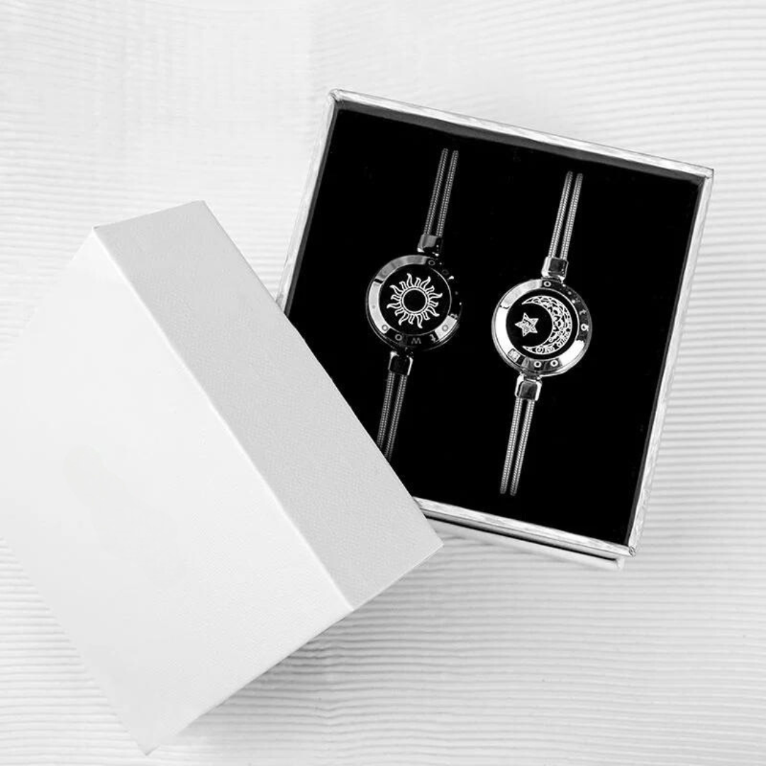 Sun & Moon Long Distance Touch Bracelets for Lovers Set of 2 - Vibration, Light-up, Waterproof - 1 Year Warranty