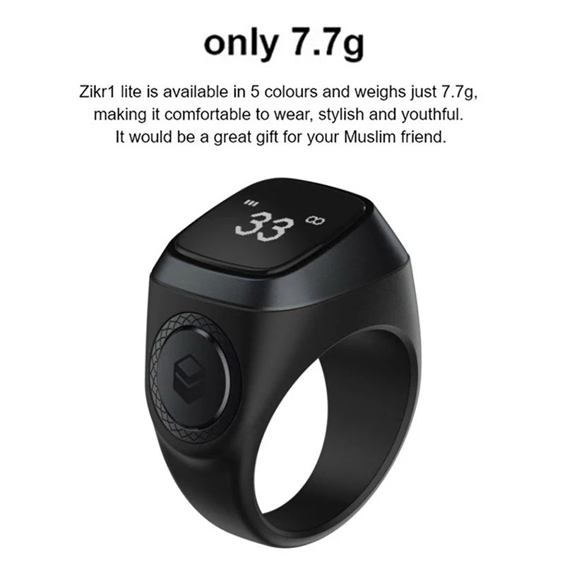 Zikr1 Lite Smart Tasbih Ring: OLED Display, Prayer Time Reminder, Bluetooth Connectivity, Long Battery Life, USB Charging - 5 Prayer Count Tracking