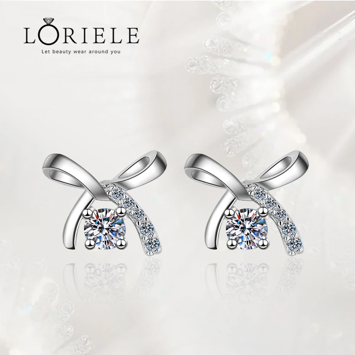 Sterling Silver Bow Earrings with VVS Moissanite Diamonds - 14K White Gold Studs